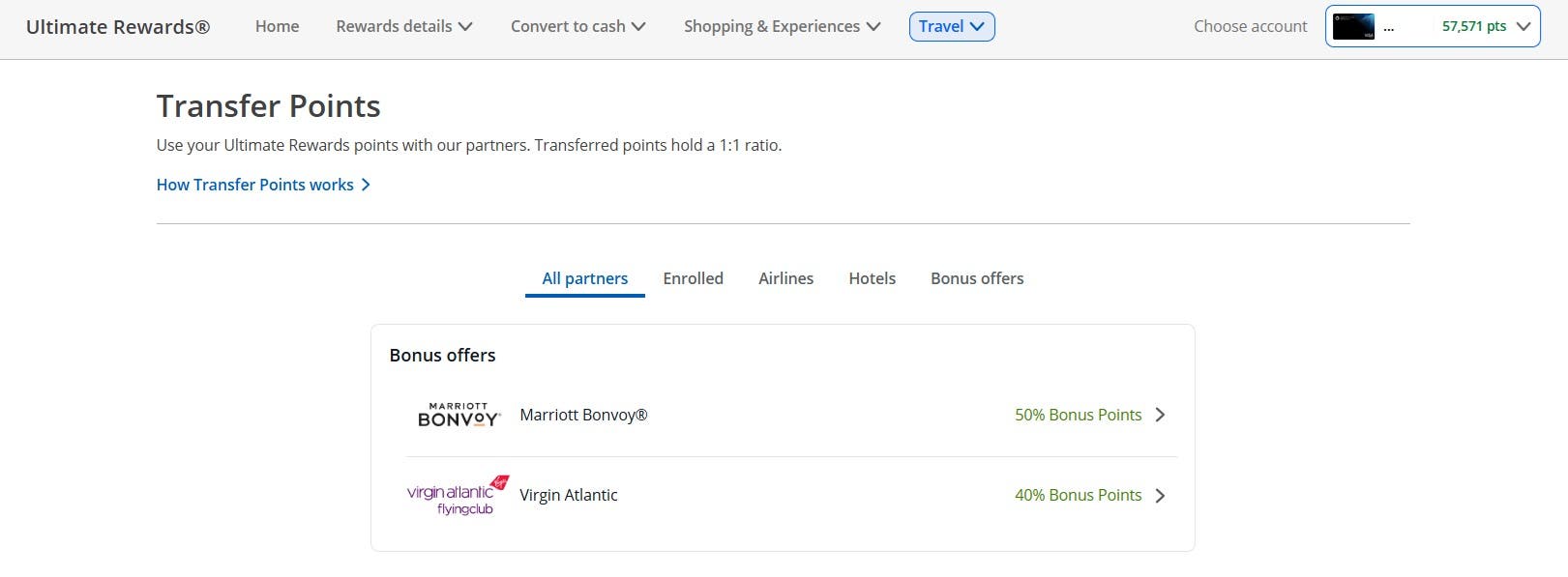 Example of transfer partner bonus offers