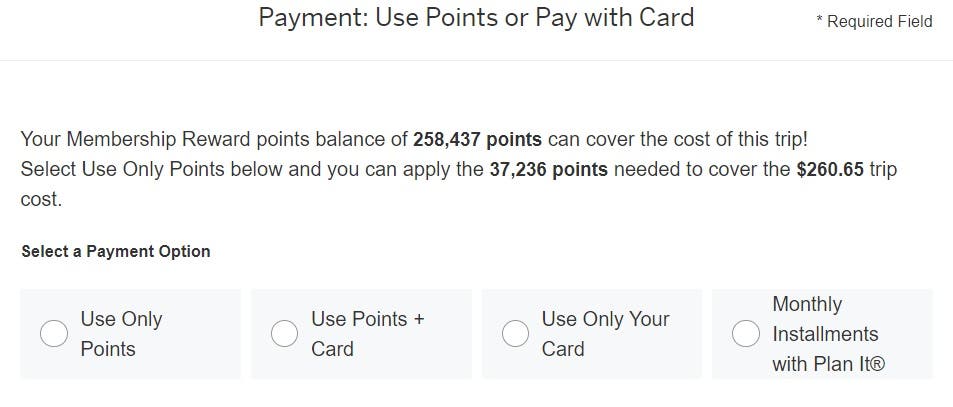 Screenshot of paying with points and cash on Amex Travel