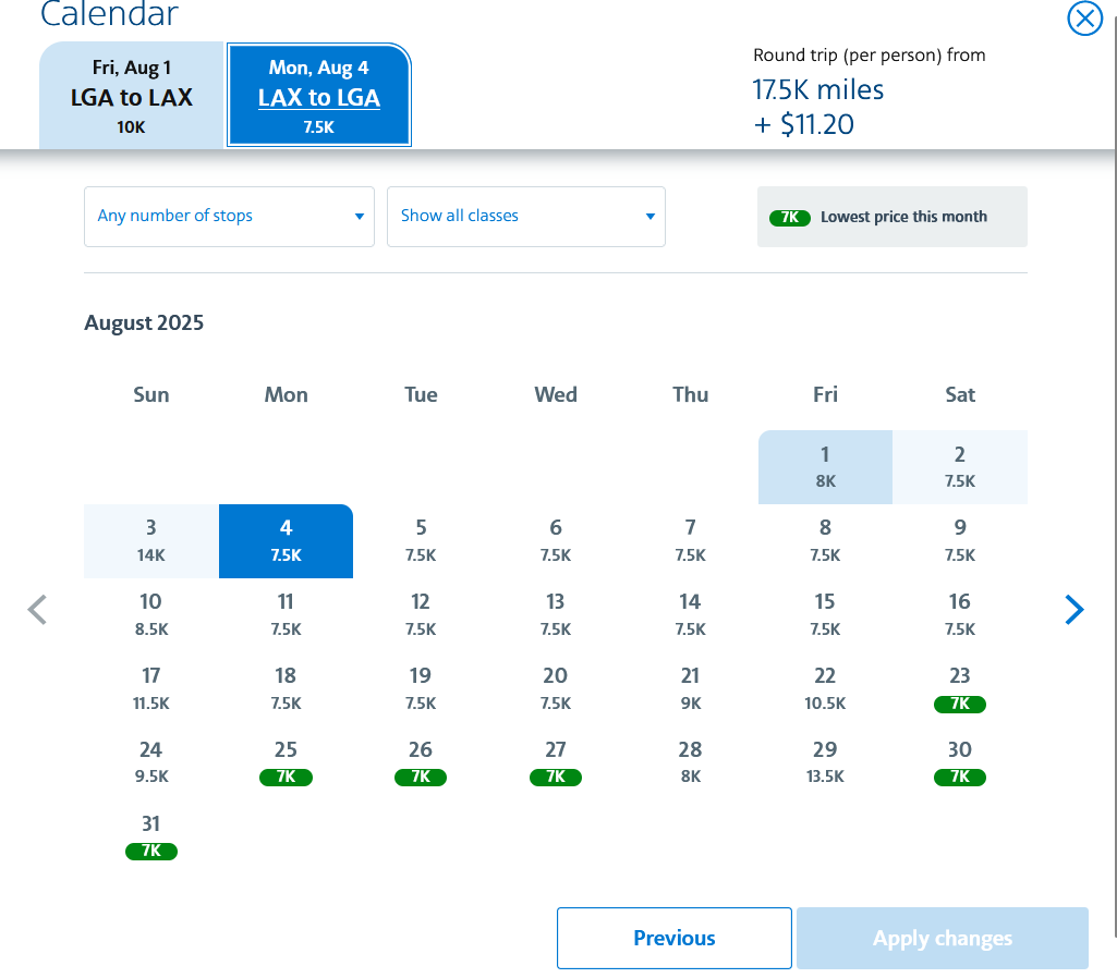 View of AAdvantage dynamic calendar