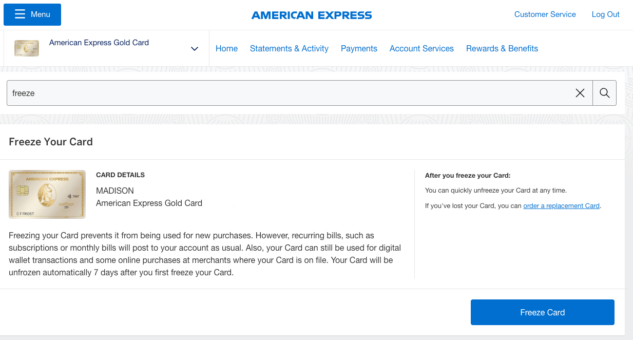Screenshot of Amex freeze card option