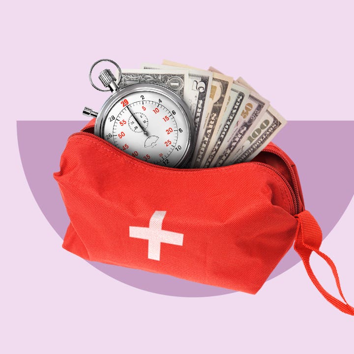 First aid kit with a timer and American dollars stick out. Against a dark purple semicircle on a light purple background.